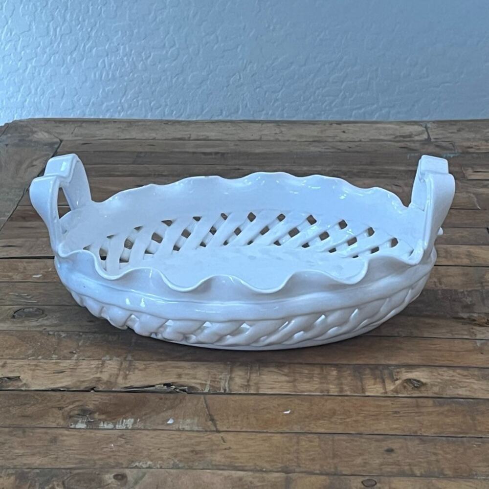 13” White Ceramic Oval Woven Basket Lattice Fruit Bread Bowl